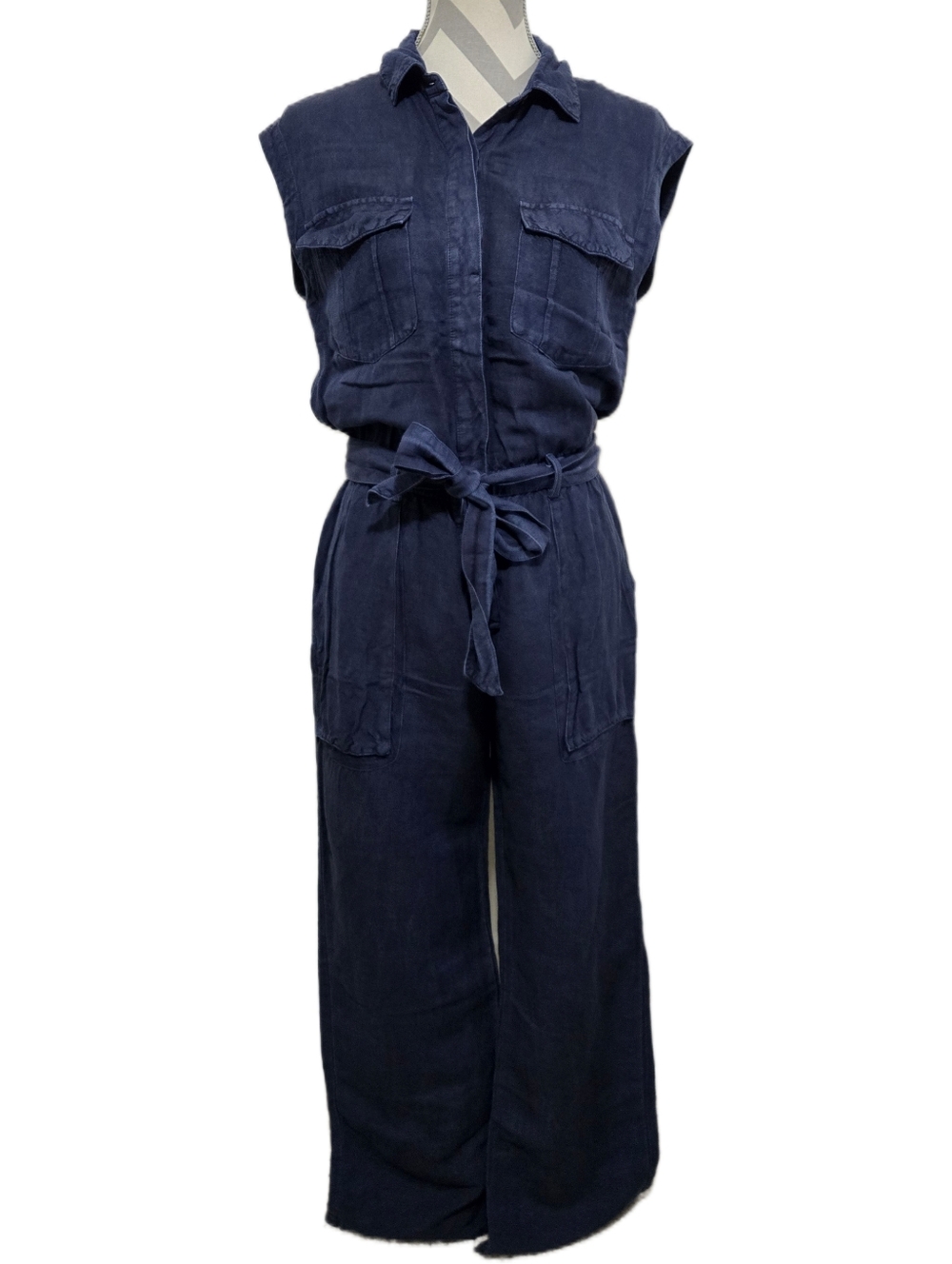 YOUNG FABULOUS & BROKE Cuba Jumpsuit Linen Blend Navy Sleeveless Wide-Leg Small